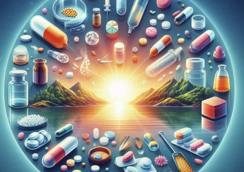 Rustgevend landschap met tabletten, symbool voor de kalmerende werking van Oxazepam en het zoeken naar ontspanning bij Kruidvat.