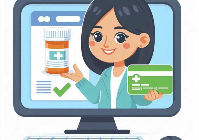 Afbeelding van een computerscherm met iemand die online medicijnen koopt zonder recept, een illustratie bij het blog over medicatie zonder voorschrift.