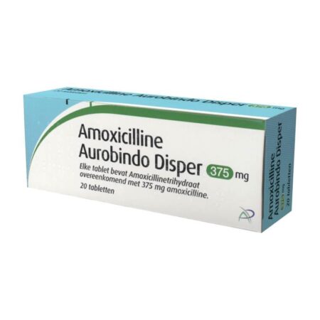 Afbeelding van een doosje Amoxicilline van Aurobindo, een antibioticum dat wordt gebruikt voor de behandeling van bacteriële infecties.