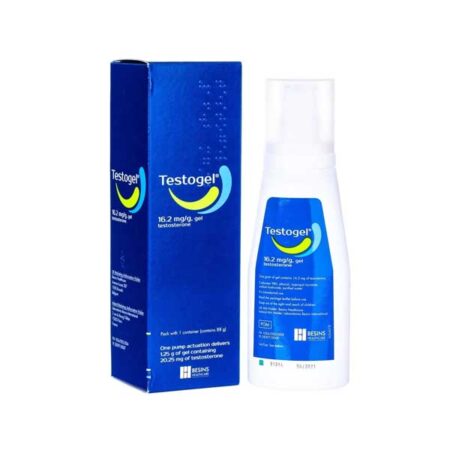 Afbeelding van een doosje met een fles Testogel van Androgel, een testosteron-gel voor de behandeling van testosterontekort.