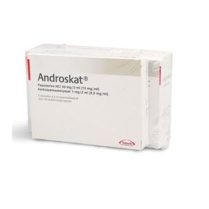 Afbeelding van een doosje Androskat, een injecteerbaar medicijn voor de behandeling van erectiestoornissen.