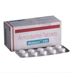 Afbeelding van een doosje met een strip Armodafinil 150 mg, een medicijn voor de behandeling van narcolepsie en slaapstoornissen.