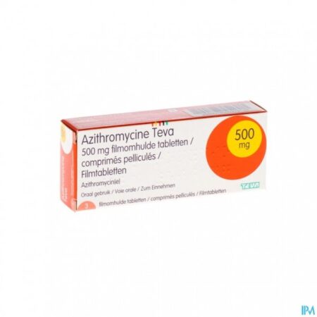 Afbeelding van een doosje Azitromycine 500 mg van Teva, een antibioticum voor de behandeling van bacteriële infecties.