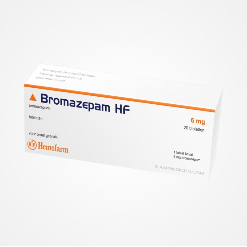 Afbeelding van een doosje Bromazepam 6 mg van Hemofarm, een medicijn voor de behandeling van angst en spanning.