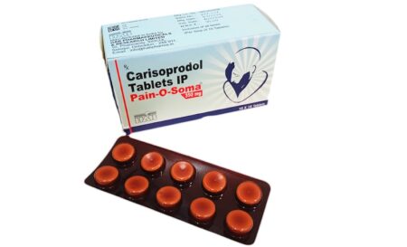 Doosje en striptabletten Carisoprodol 350 mg voor spierontspanning.