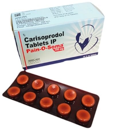 Doosje en striptabletten Carisoprodol 350 mg voor spierontspanning.