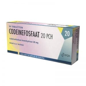 Doosje Codeïne 20 mg van PCH voor pijnverlichting en hoestonderdrukking.