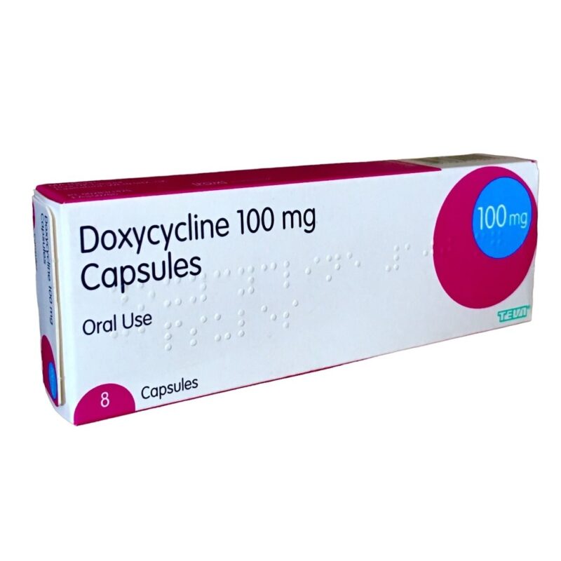 Afbeelding van een doosje Doxycycline 100 mg van Teva, een antibioticum voor de behandeling van bacteriële infecties.