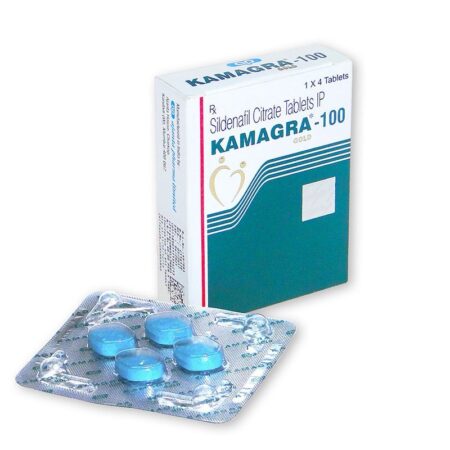 Doosje en striptabletten Kamagra 100 mg voor erectiestoornissen.