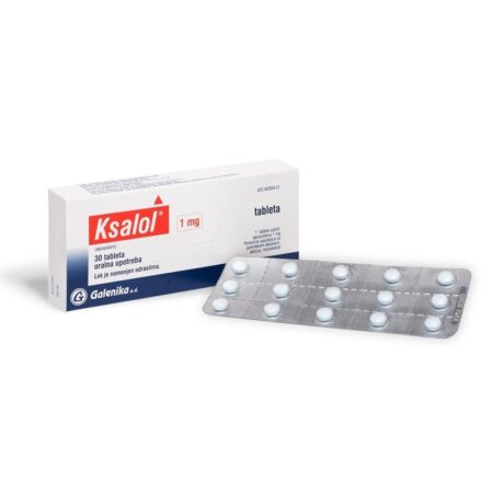 Afbeelding van een doosje Alprazolam (Ksalol) 1 mg van Galenika, een medicijn voor angst- en paniekstoornissen.