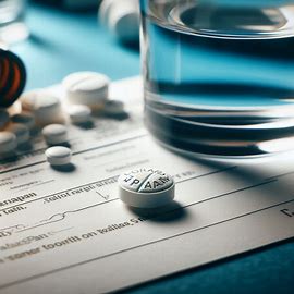 Close-up van een witte Lorazepam-tablet op een houten tafel, symbool van een medicijn dat wordt gebruikt bij angst en stress.