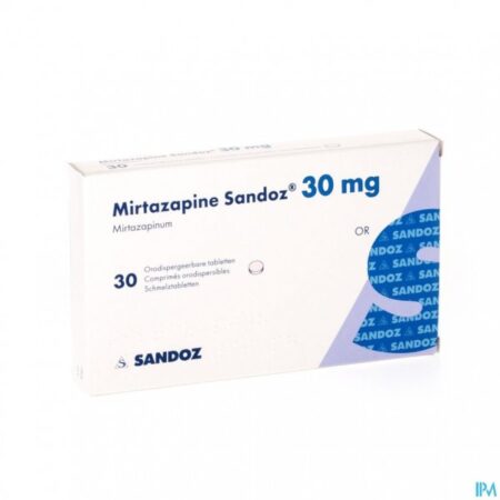 Afbeelding van een doosje Mirtazapine 30 mg van Sandoz, een antidepressivum voor de behandeling van depressie.