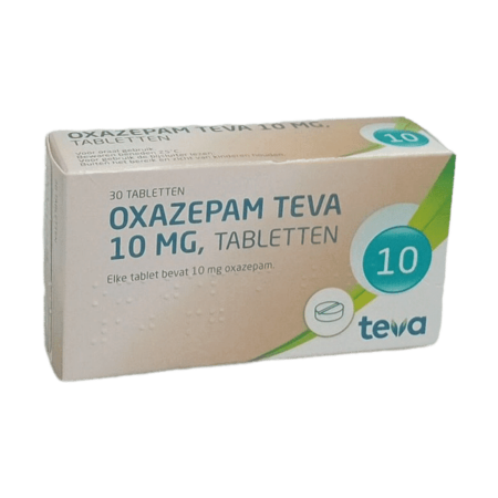 Afbeelding van een doosje Oxazepam van Teva, een medicijn voor de behandeling van angststoornissen en slaapproblemen.