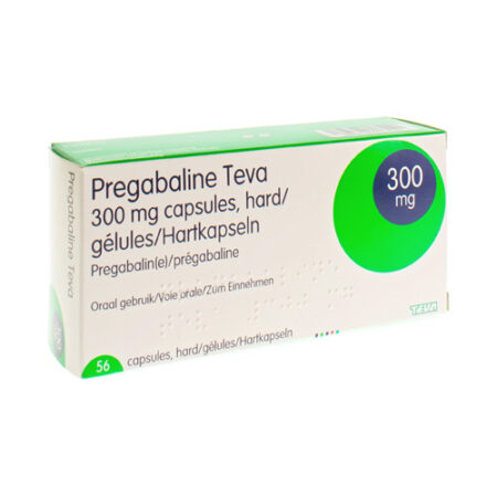 Afbeelding van een doosje Pregabaline 300 mg van Teva, een medicijn voor de behandeling van zenuwpijn en angststoornissen.