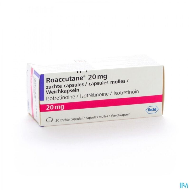 Doosje Roaccutane 20 mg van Roche voor de behandeling van ernstige acne.