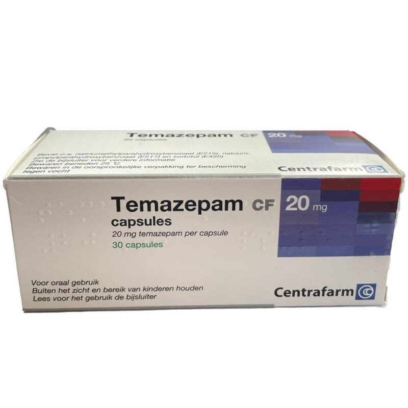 Doosje Temazepam 20 mg capsules van Centrafarm, slaapmiddel voor rustgevende nachtrust.