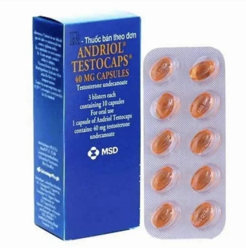 Doosje en strip Testosteron Undecanoate capsules van Andriol voor testosteronondersteuning.