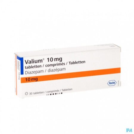 Afbeelding van een doosje Diazepam (Valium) 10 mg kopen van Roche, een geneesmiddel voor de behandeling van angst, spierkrampen en epileptische aanvallen.