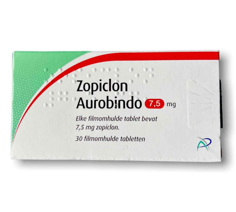 Afbeelding van een doosje Zopiclon 7.5 mg van Aurobindo, een slaapmiddel voor de behandeling van slapeloosheid.