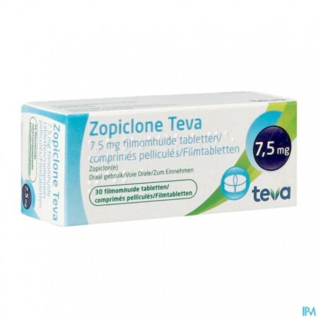 Afbeelding van een doosje Zopiclon 7.5 mg van Teva, een slaapmiddel voor de behandeling van kortdurende slapeloosheid.