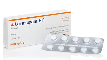 Afbeelding van een doosje Lorazepam 2.5 mg van Hemofarm kopen, een medicijn voor angst- en paniekstoornissen.