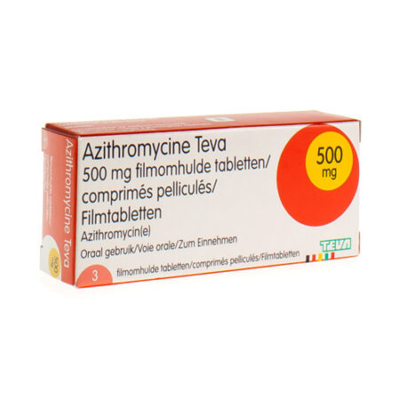 Afbeelding van een doosje Azitromycine 500 mg van Teva, een antibioticum voor de behandeling van bacteriële infecties.